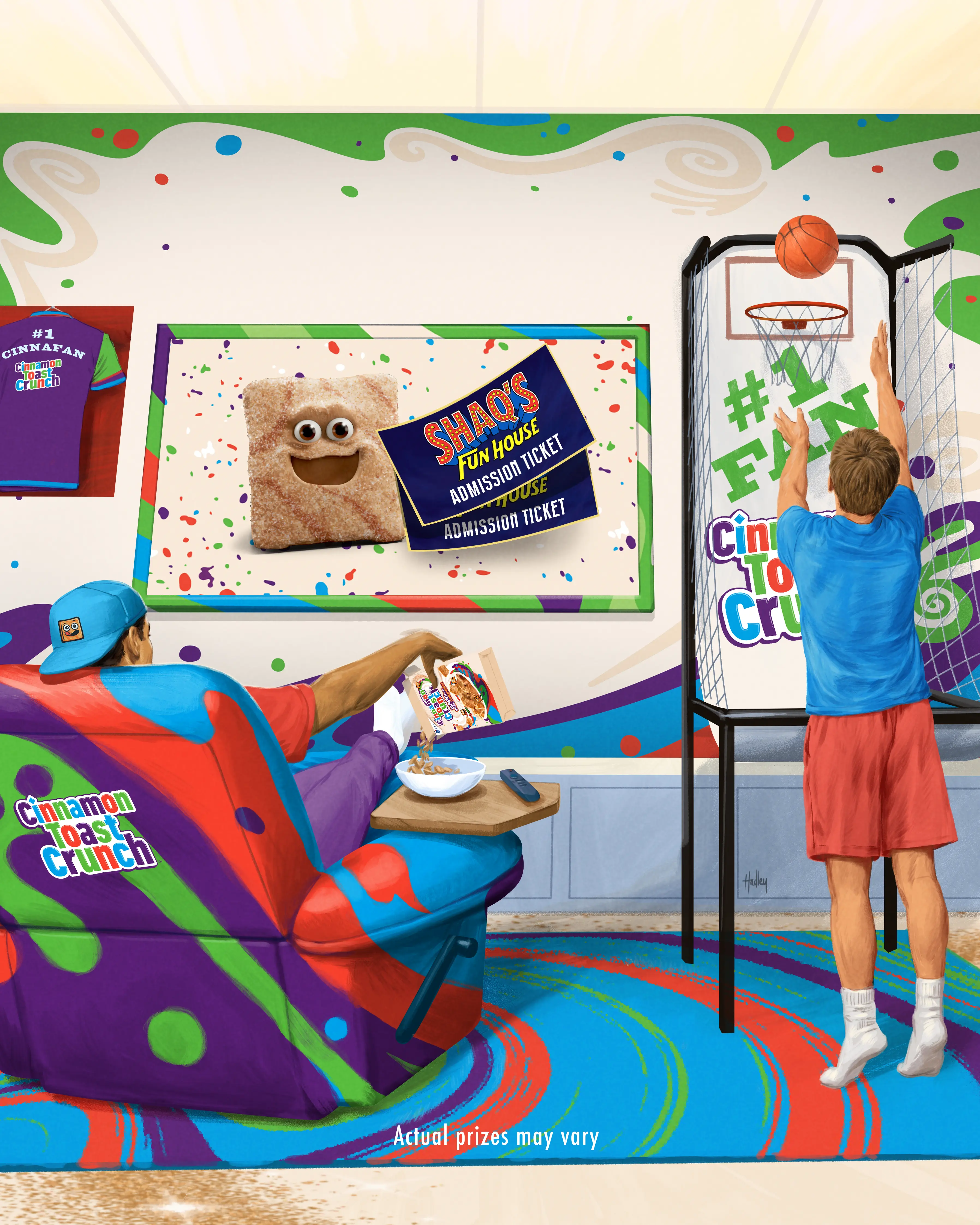 Cinnamon Toast Crunch Prize Pack, A trip for two to Shaq’s Fun House and a Cinnamon Toast Crunch Fan cave, complete with a big screen TV, furniture, and more!